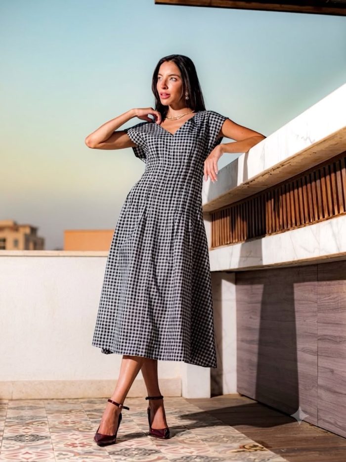 Natural Linen Gingham Midi Dress - Image 3