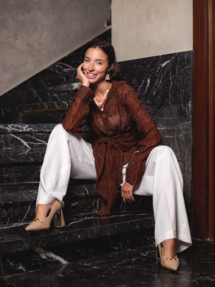 Embroidered Natural Linen Wrap Blouse – Chocolate Brown ( One Size ) - Image 5