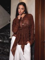 Embroidered Natural Linen Wrap Blouse – Chocolate Brown ( One Size ) - Image 3
