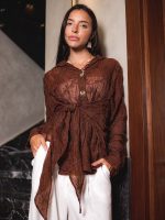 Embroidered Natural Linen Wrap Blouse – Chocolate Brown ( One Size )