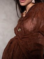 Embroidered Natural Linen Wrap Blouse – Chocolate Brown ( One Size ) - Image 2