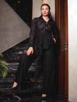 Embroidered Natural Linen Wrap Blouse ( one size )– Black