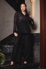 Embroidered Natural Linen Wrap Blouse ( one size )– Black - Image 2