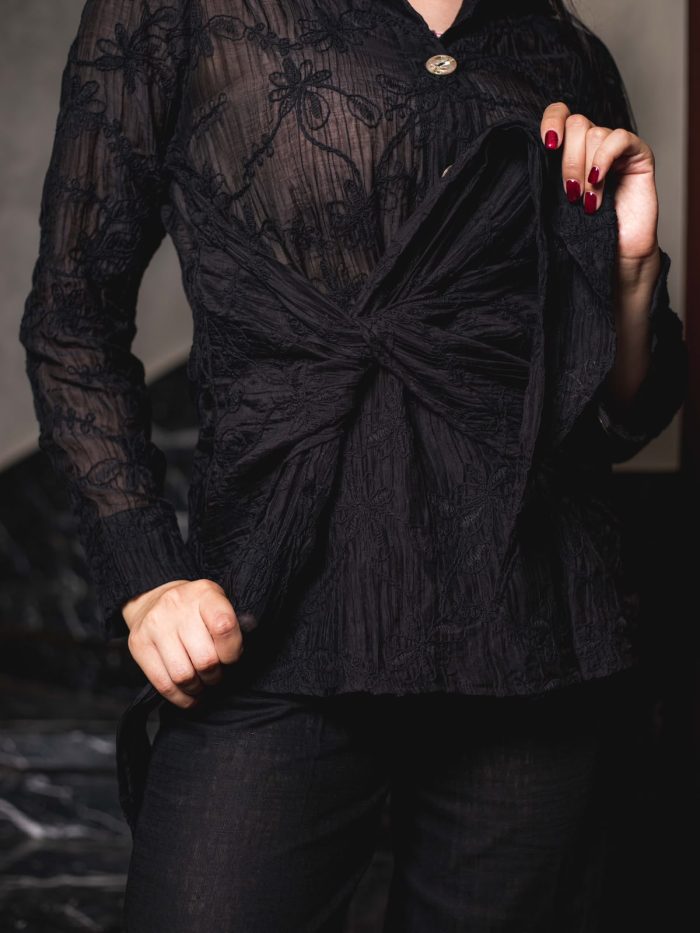 Embroidered Natural Linen Wrap Blouse ( one size )– Black - Image 4