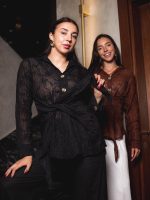 Embroidered Natural Linen Wrap Blouse ( one size )– Black - Image 3