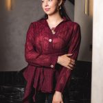 Embroidered Natural Linen Wrap Blouse ( one size )– Burgundy