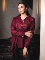 Embroidered Natural Linen Wrap Blouse ( one size )– Burgundy