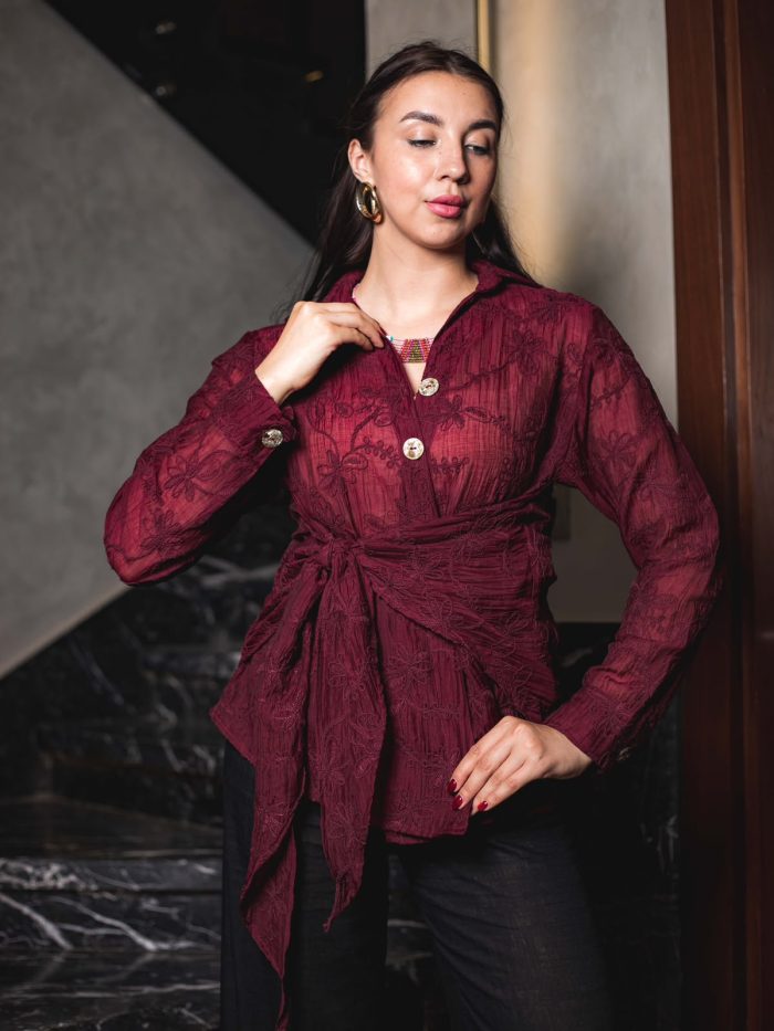 Embroidered Natural Linen Wrap Blouse ( one size )– Burgundy - Image 7