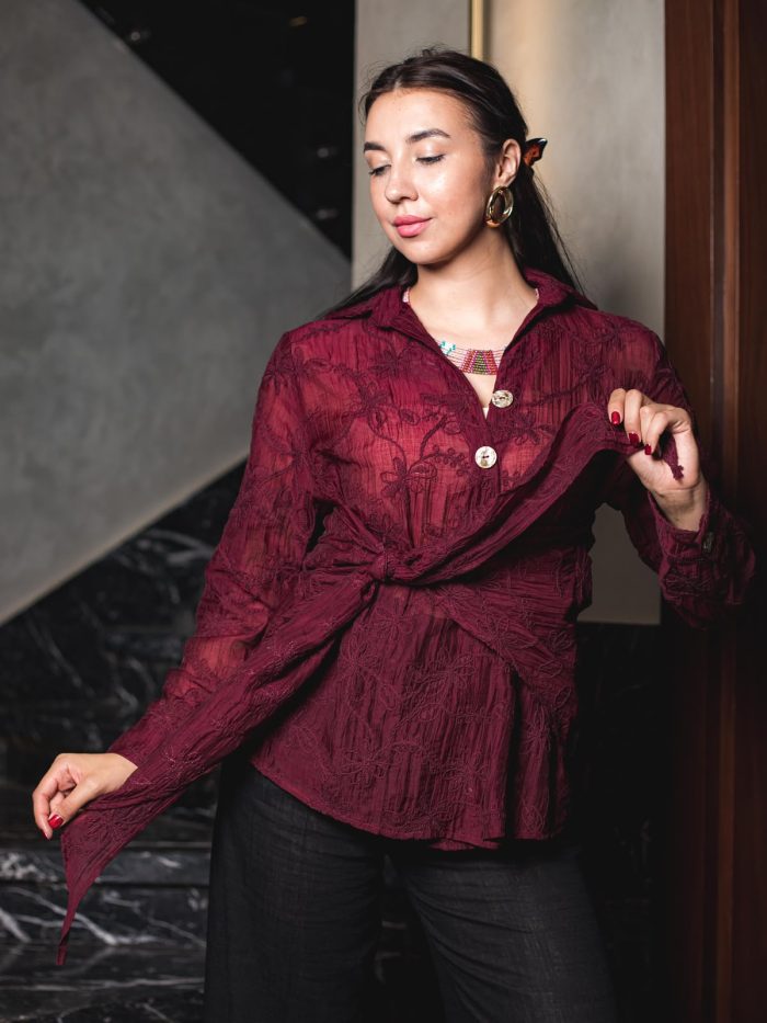 Embroidered Natural Linen Wrap Blouse ( one size )– Burgundy - Image 6