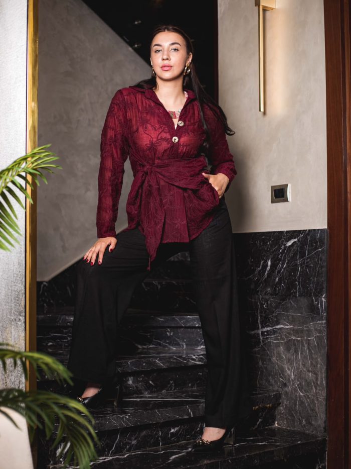 Embroidered Natural Linen Wrap Blouse ( one size )– Burgundy - Image 5