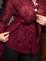 Embroidered Natural Linen Wrap Blouse ( one size )– Burgundy - Image 4