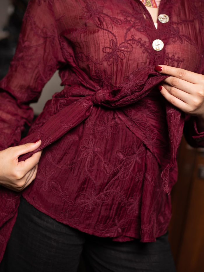 Embroidered Natural Linen Wrap Blouse ( one size )– Burgundy - Image 4