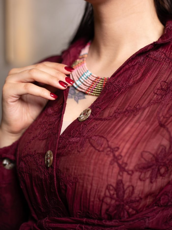 Embroidered Natural Linen Wrap Blouse ( one size )– Burgundy - Image 3