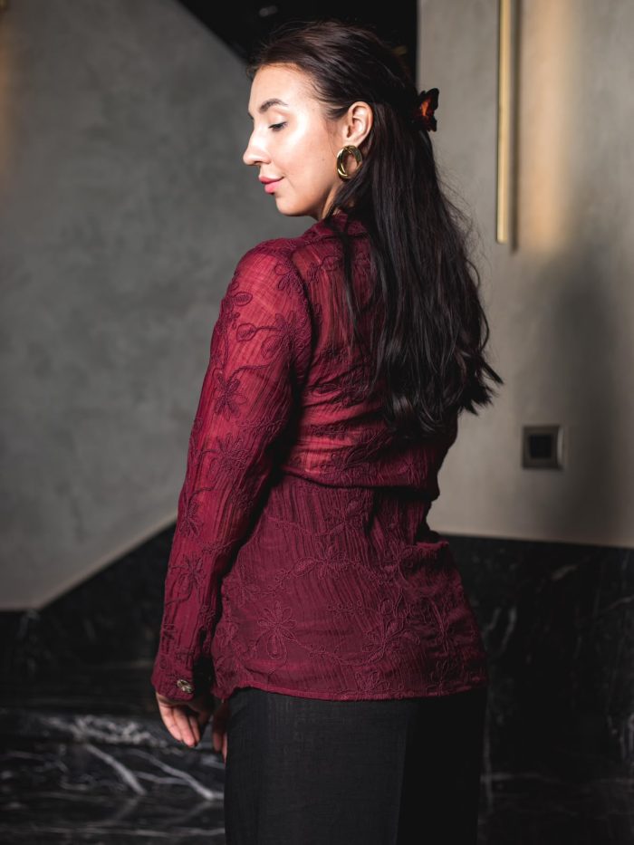 Embroidered Natural Linen Wrap Blouse ( one size )– Burgundy - Image 2