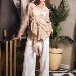 Embroidered Natural Linen Wrap Blouse ( one size )– Beige