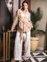 Embroidered Natural Linen Wrap Blouse ( one size )– Beige