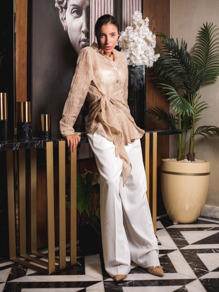 Embroidered Natural Linen Wrap Blouse ( one size )– Beige - Image 2