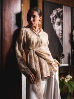 Embroidered Natural Linen Wrap Blouse ( one size )– Beige - Image 3