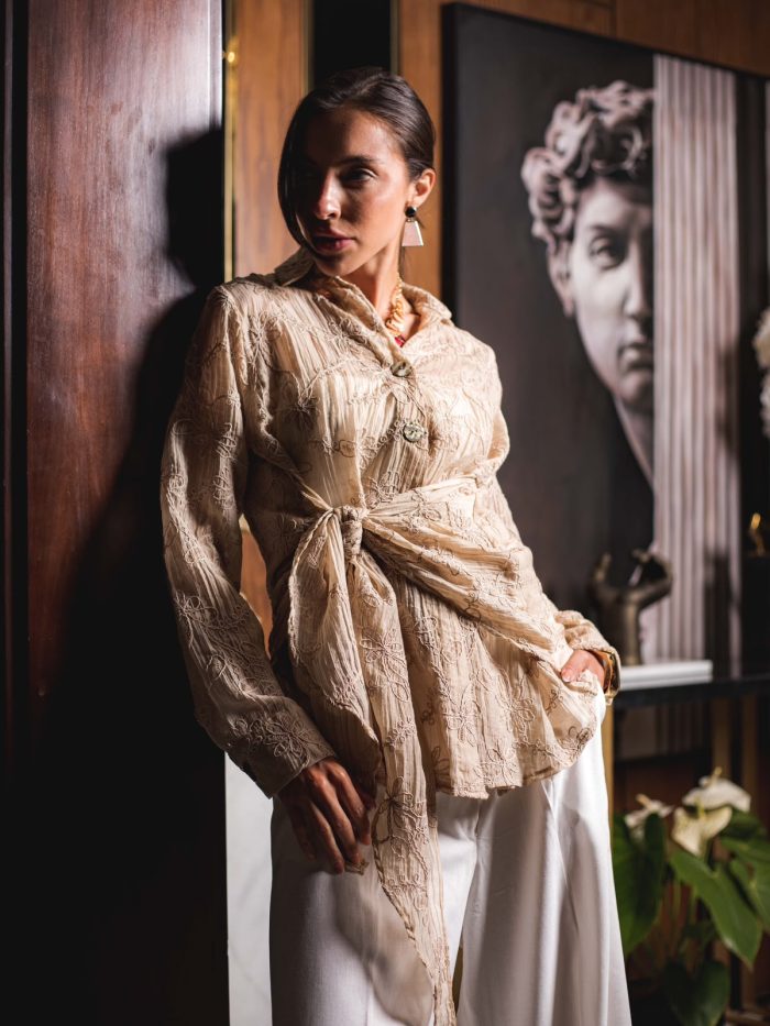 Embroidered Natural Linen Wrap Blouse ( one size )– Beige - Image 3