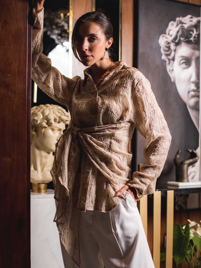 Embroidered Natural Linen Wrap Blouse ( one size )– Beige - Image 5