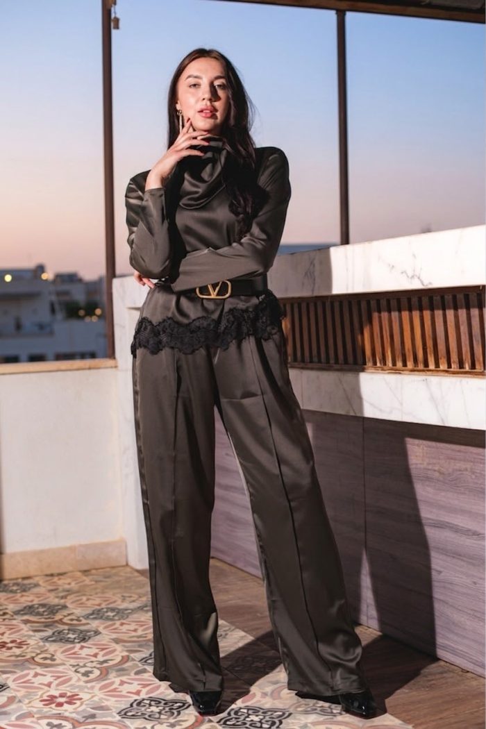 Elegant Olive Cotton Satin Set - Image 3