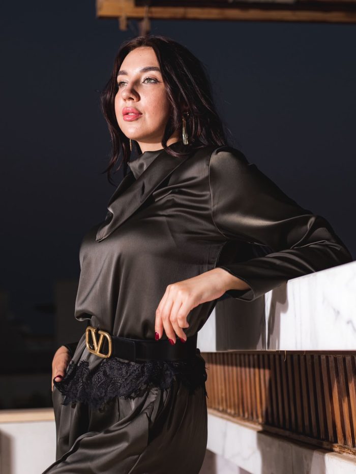 Elegant Olive Cotton Satin Set - Image 2